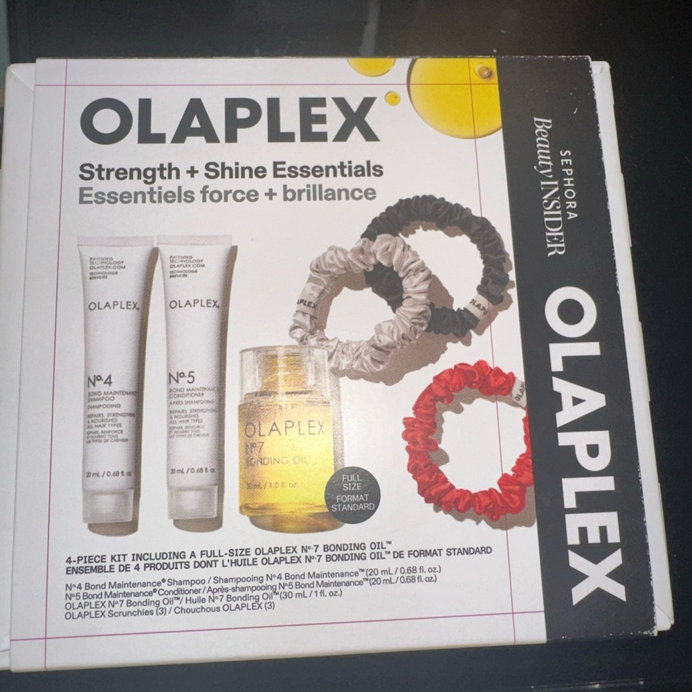 OLAPLEX Strength + Shine Essentials with Black, Gray, Red Scrunchies